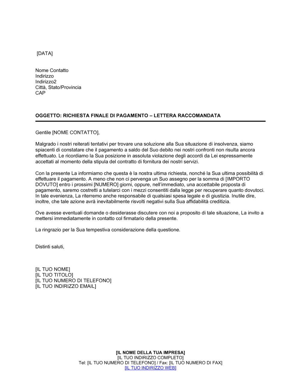 Business-in-a-Box's Lettera di riscossione finale