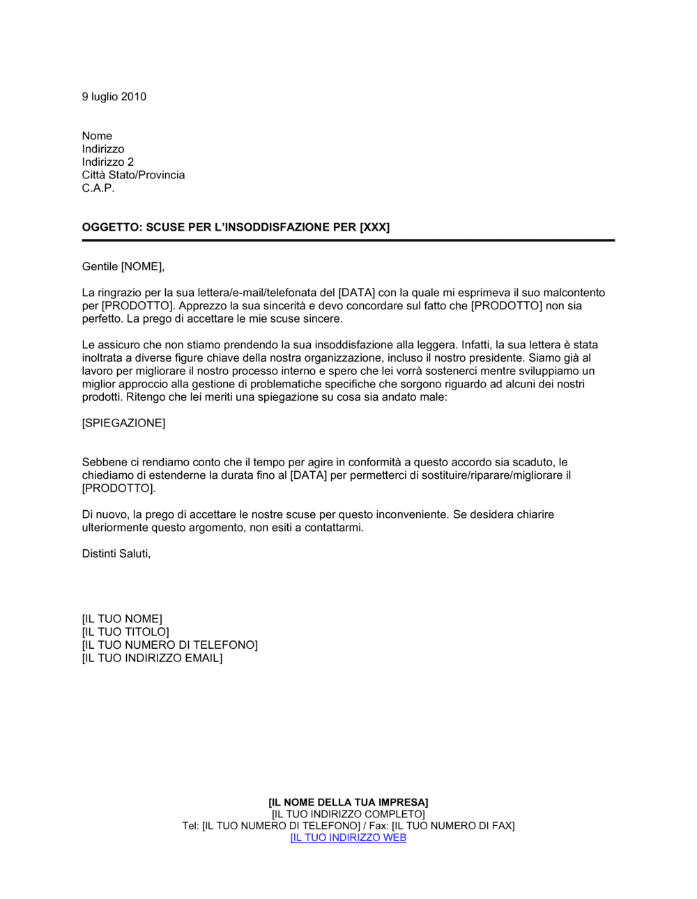 Business-in-a-Box's Lettera di scuse non soddisfatto qualità prodotto