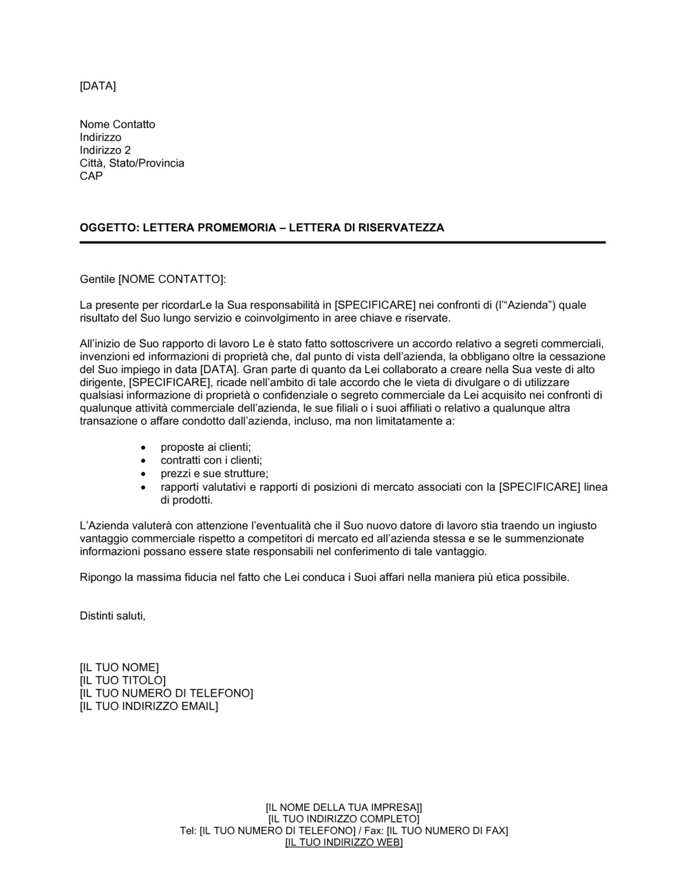 Business-in-a-Box's Lettera promemoria lettera di riservatezza