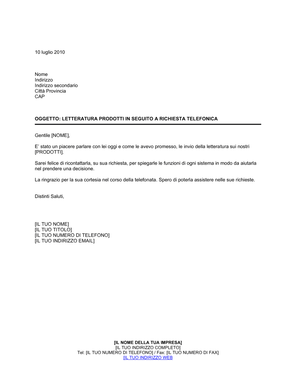 Business-in-a-Box's Letteratura prodotti in seguito a richiesta telefonica