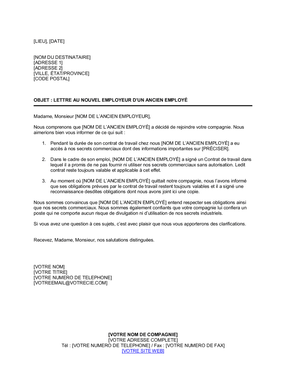 Lettre au nouvel employeur d'un ancien employé_Non divulgation