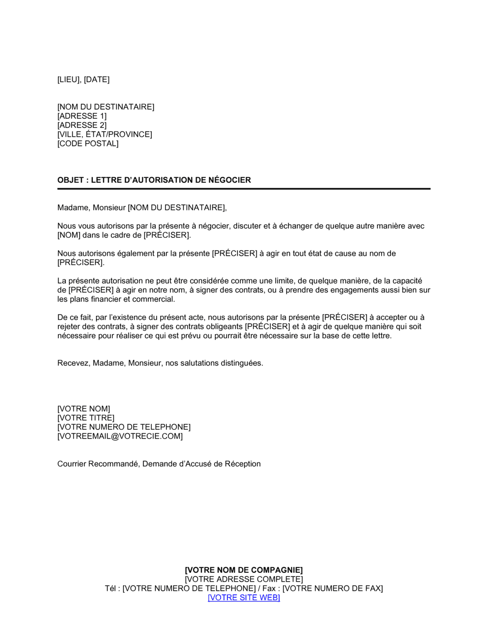 Business-in-a-Box's Lettre d'autorisation de négocier