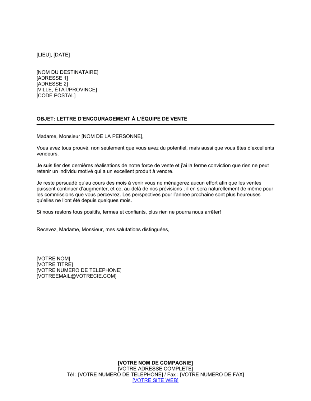 Business-in-a-Box's Lettre d'encouragement d'une équipe de vente