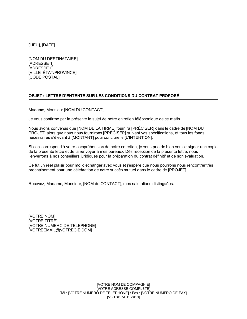 Business-in-a-Box's Lettre d'entente sur conditions de contrat