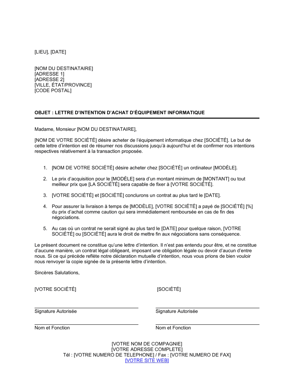 Business-in-a-Box's Lettre d'intention d'achat d'équipement informatique