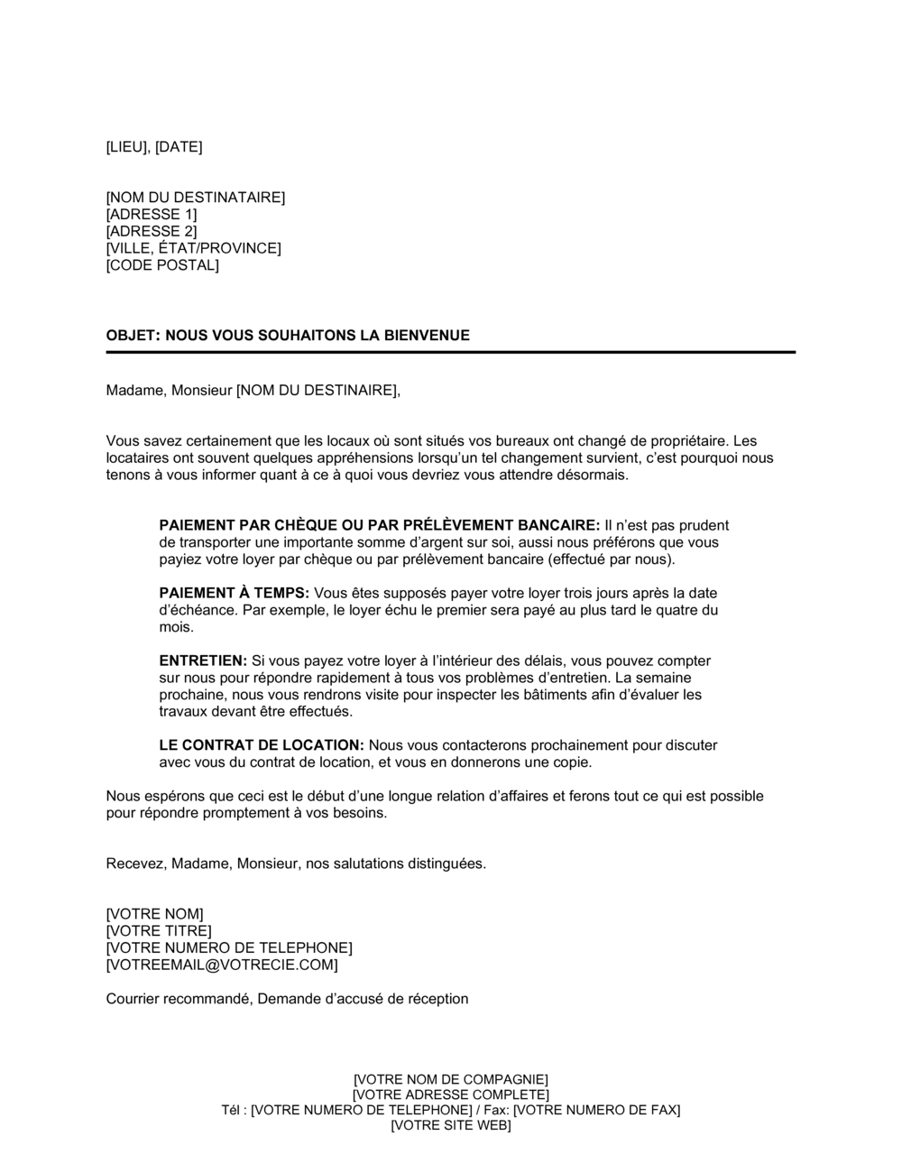 Business-in-a-Box's Lettre de bienvenue par un nouveau propriétaire