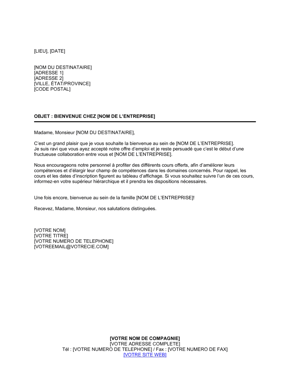Business-in-a-Box's Lettre de bienvenue à un nouvel employé