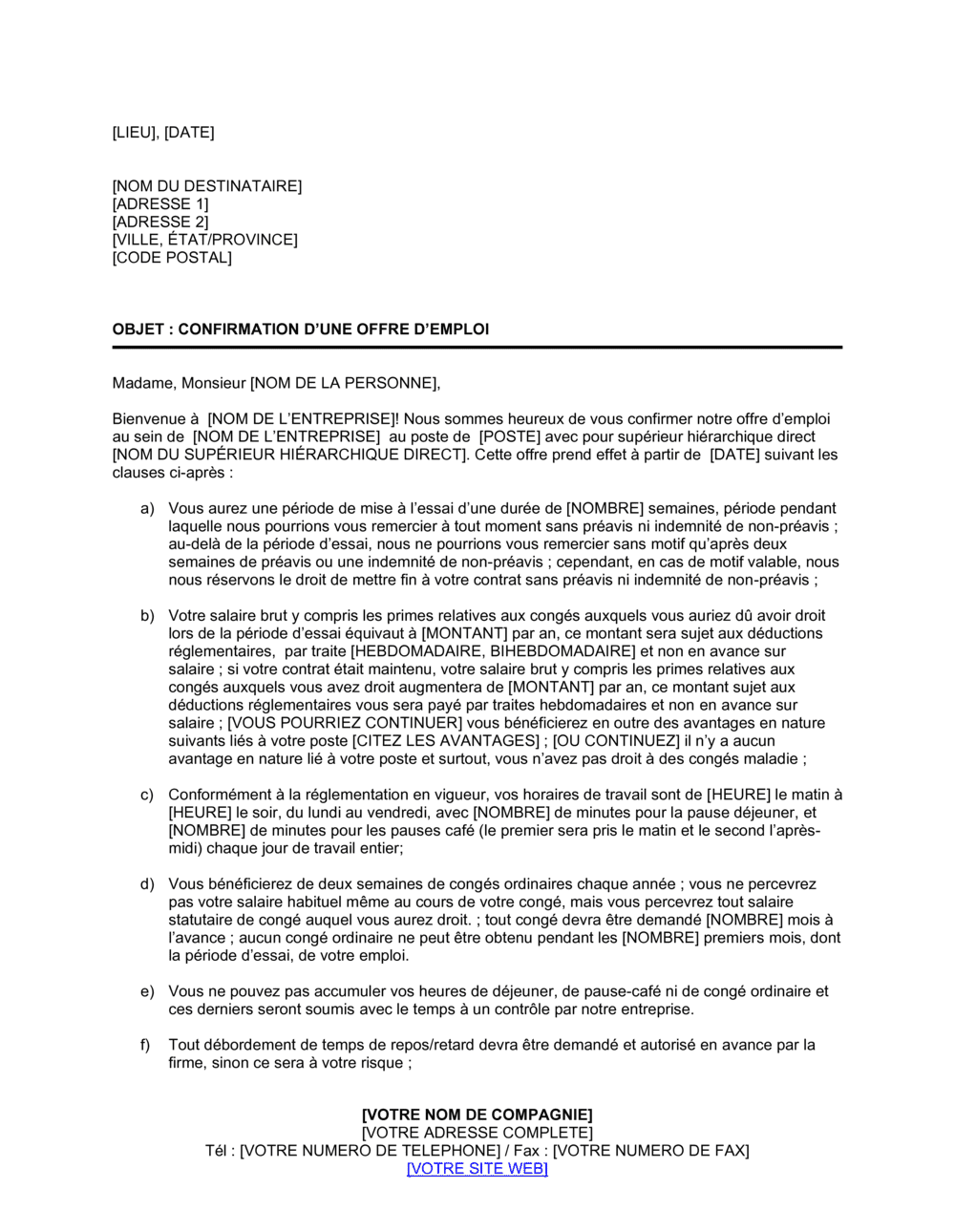 Business-in-a-Box's Lettre de confirmation des clauses d'un contrat de travail