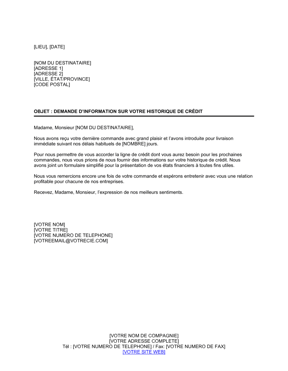 Business-in-a-Box's Lettre de demande d'information sur l'historique de crédit