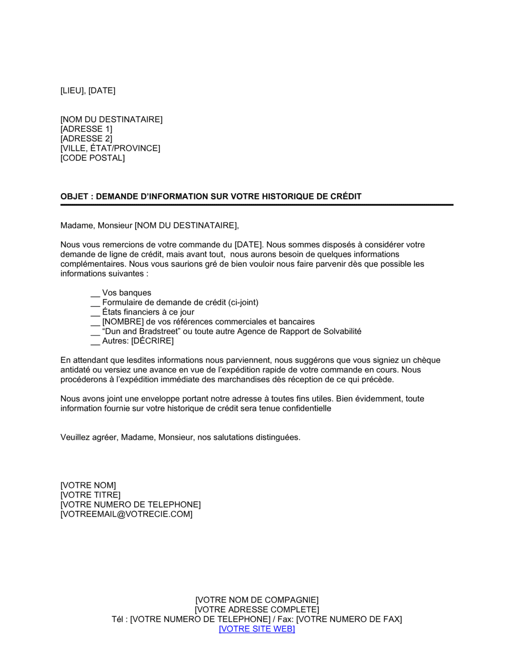 Business-in-a-Box's Lettre de demande d'information sur l'historique de crédit détaillée