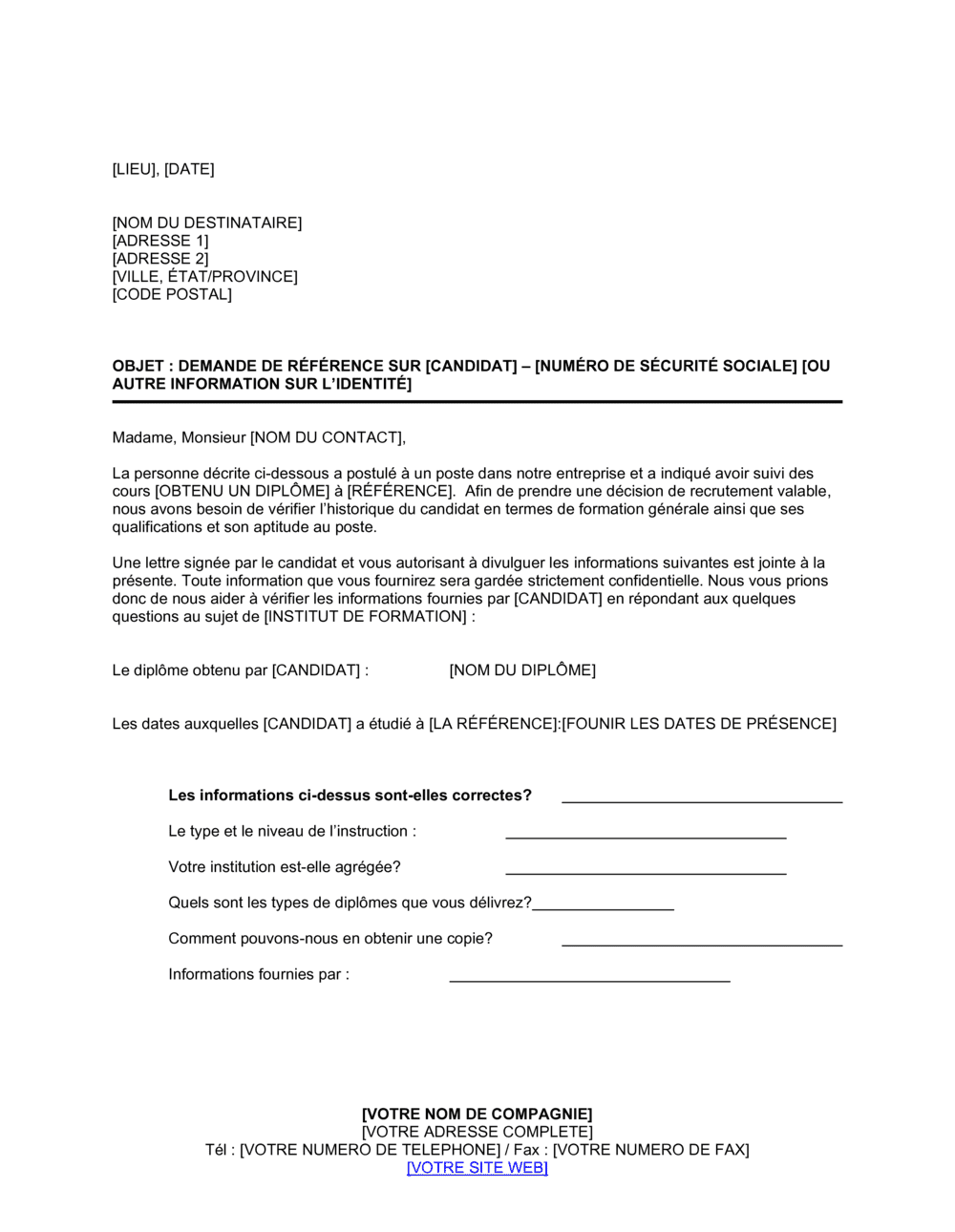 Business-in-a-Box's Lettre de demande de vérification des références académiques