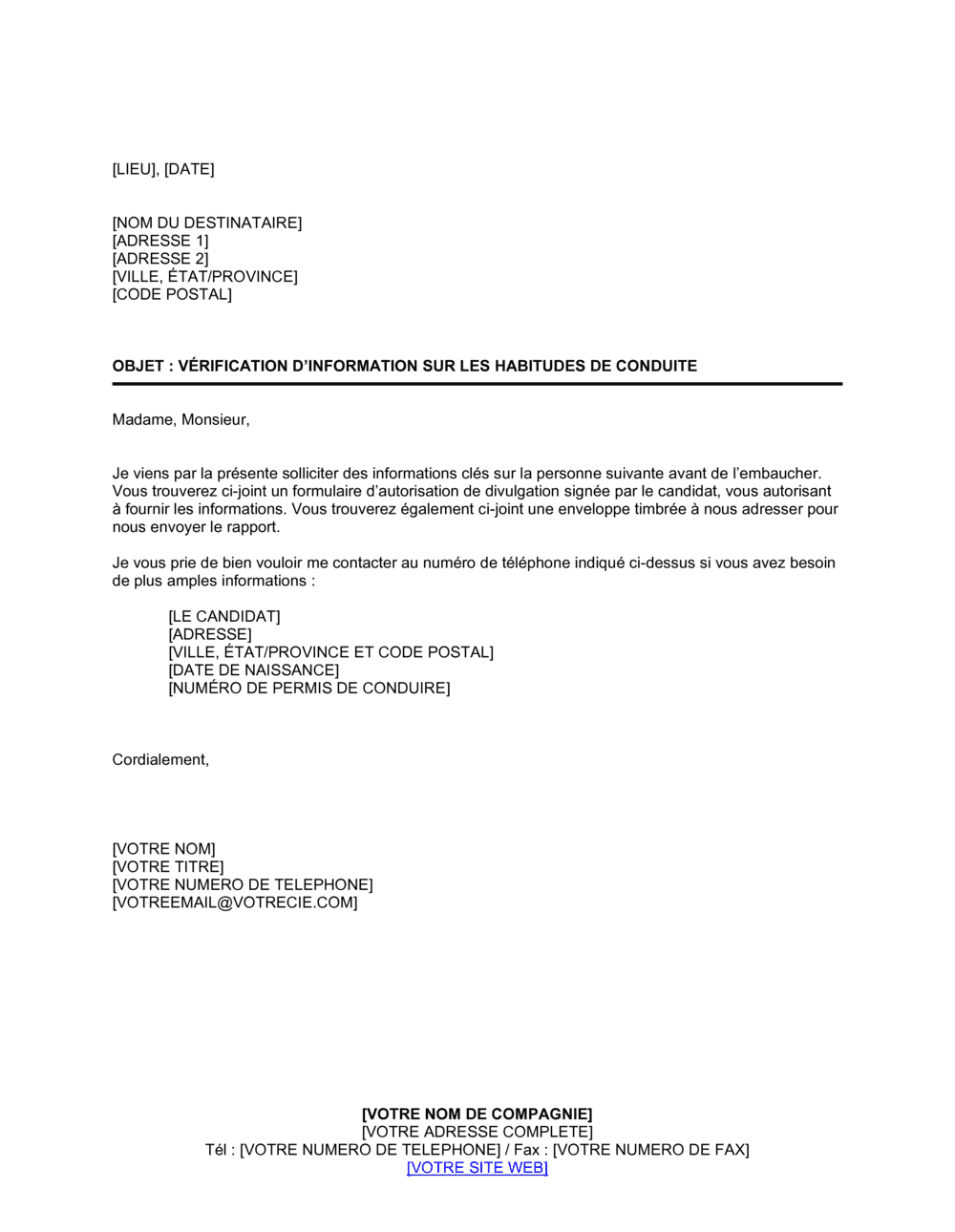 Business-in-a-Box's Lettre de demande de vérification sur les habitudes de conduite