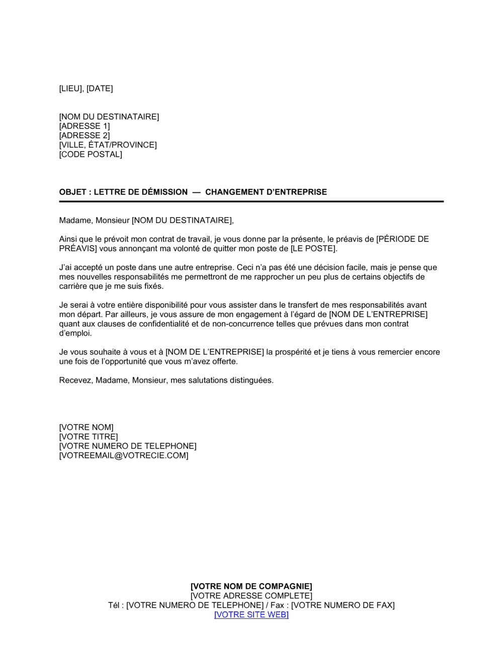 Business-in-a-Box's Lettre de démission Changement d'entreprise