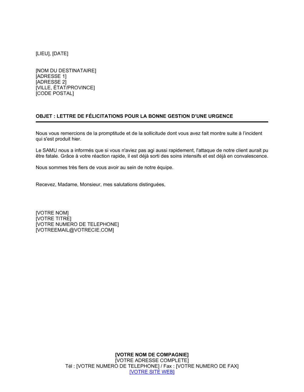 Business-in-a-Box's Lettre de félicitations pour la gestion d'une urgence