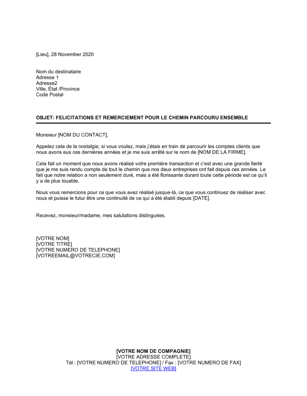 Business-in-a-Box's Lettre de gestion spontanée de relation client