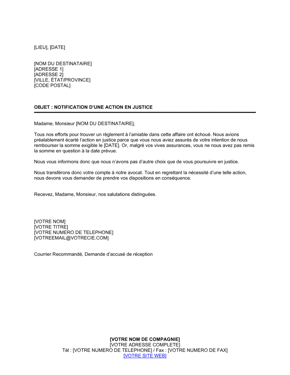 Business-in-a-Box's Lettre de notification d'action en justice