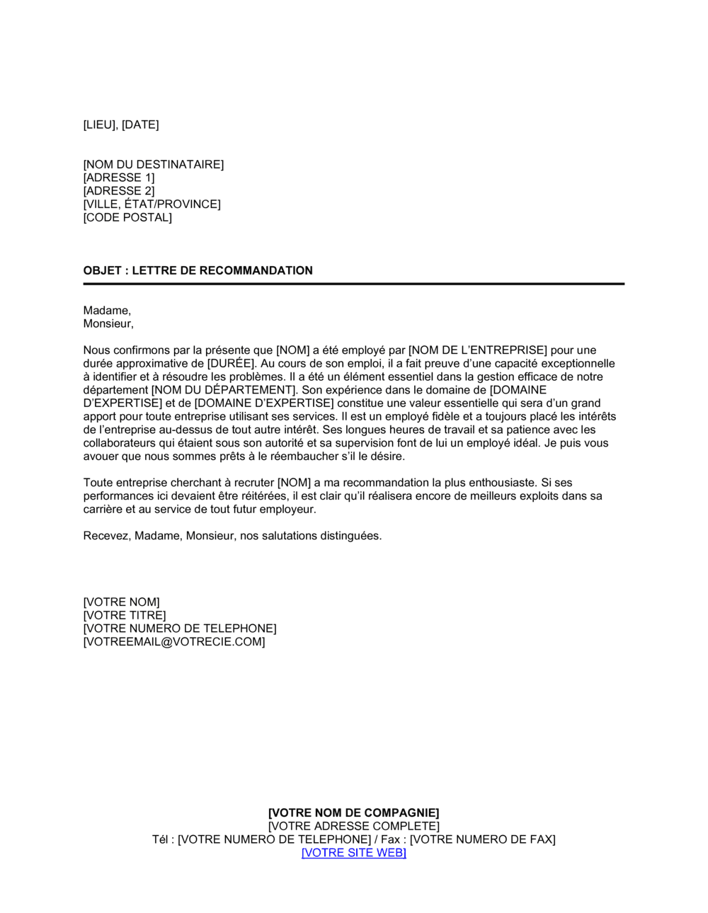 Business-in-a-Box's Lettre de recommandation à remettre à un employé