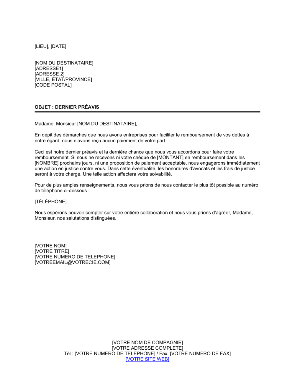 Business-in-a-Box's Lettre de recouvrement Dernier préavis