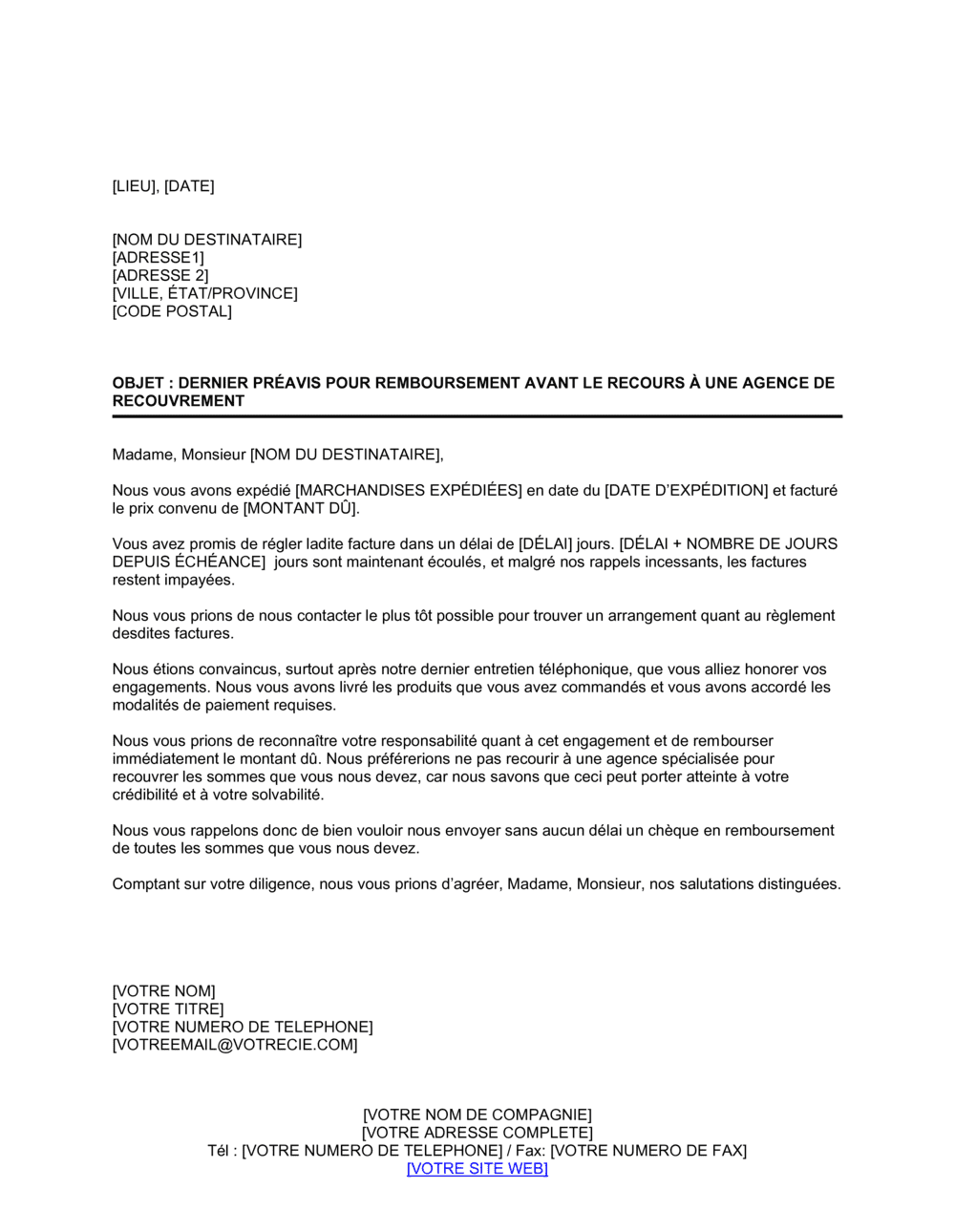 Business-in-a-Box's Lettre de recouvrement Dernier préavis avant transmission à une agence