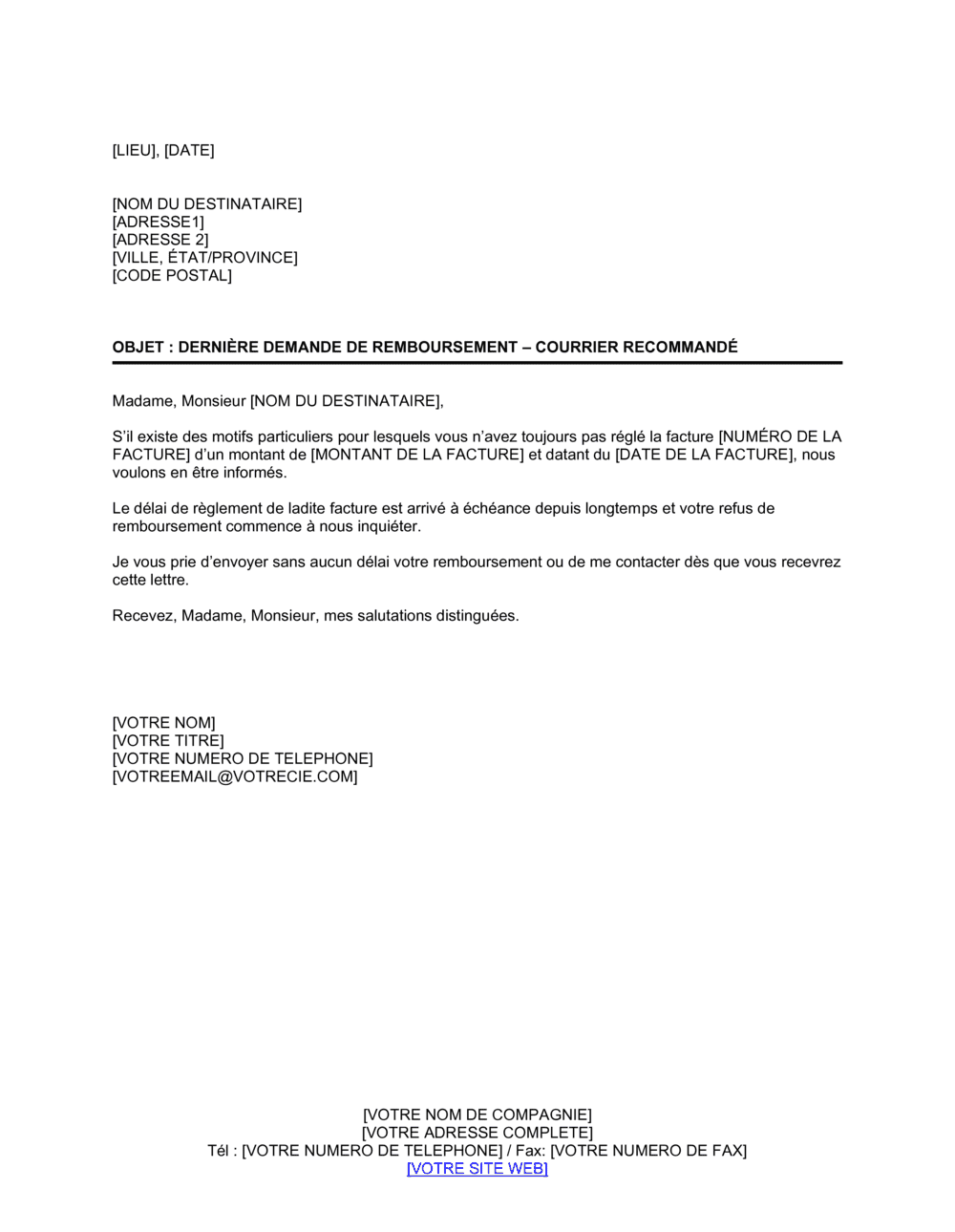 Business-in-a-Box's Lettre de recouvrement Dernière demande pour éviter une action légale