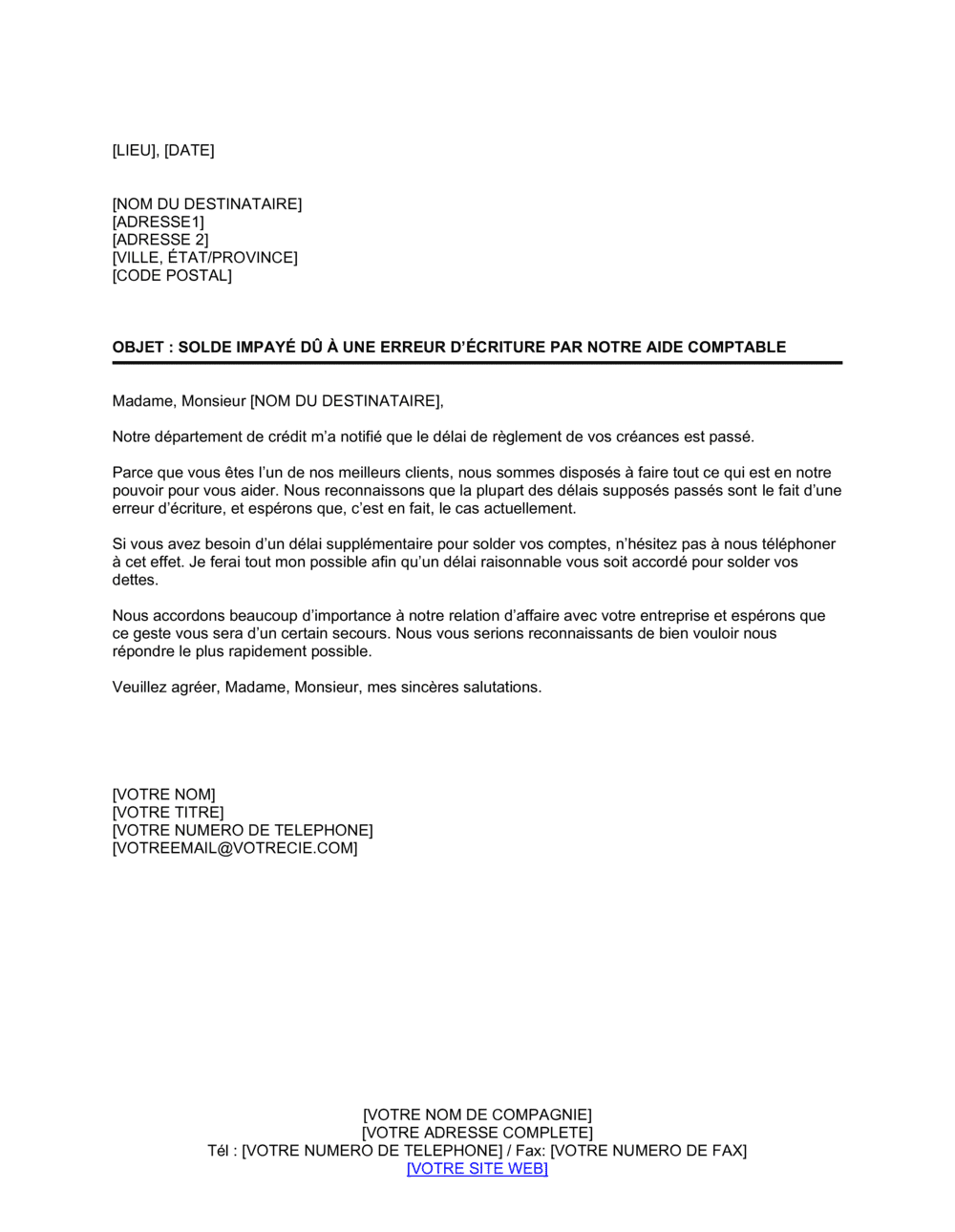 Business-in-a-Box's Lettre de recouvrement Excuses pour erreurs d'écritures comptables