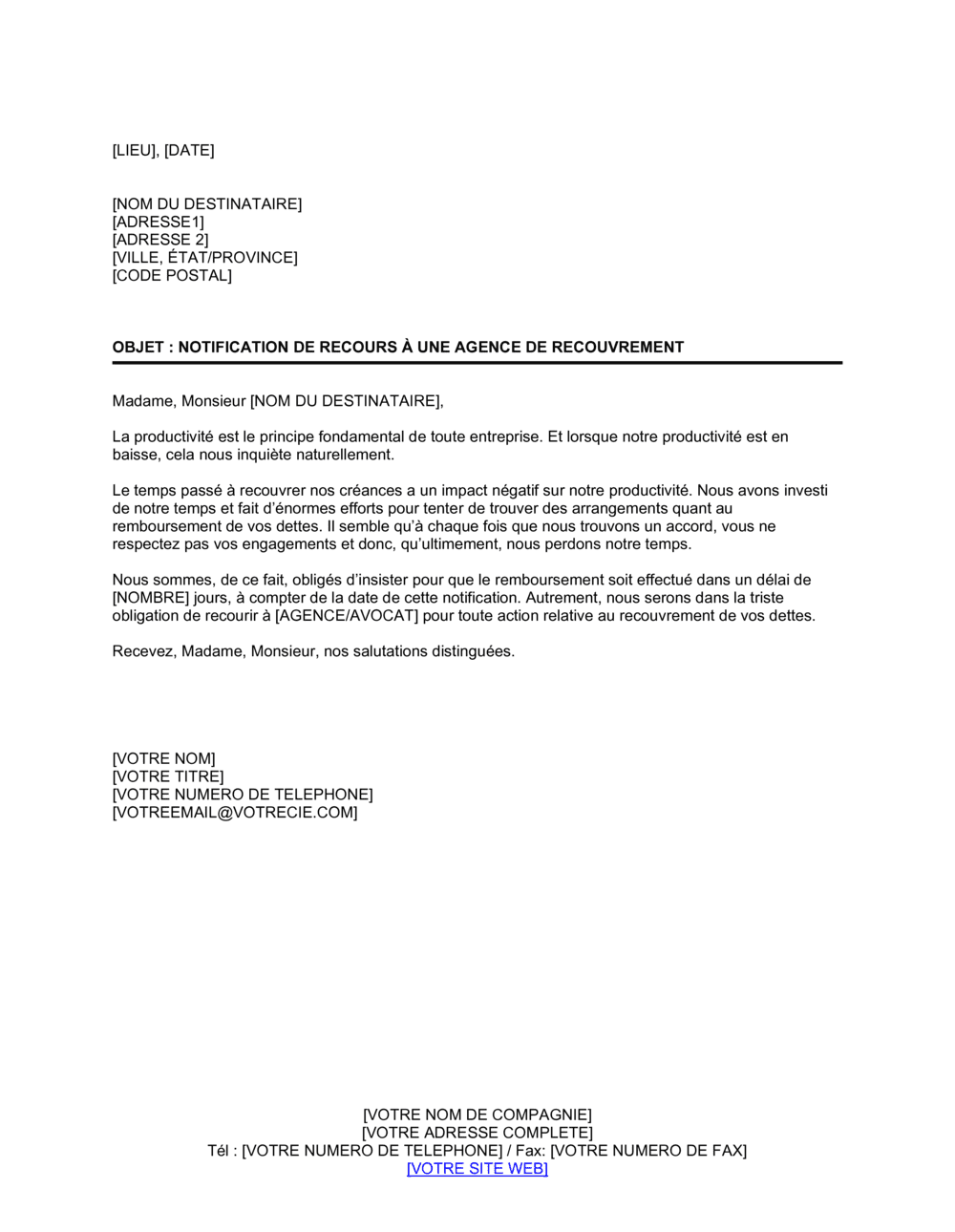 Business-in-a-Box's Lettre de recouvrement Notification de recours à une agence