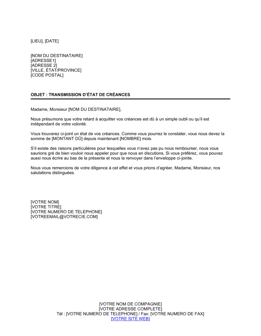 Business-in-a-Box's Lettre de recouvrement Nouvelle transmission d'état de créances