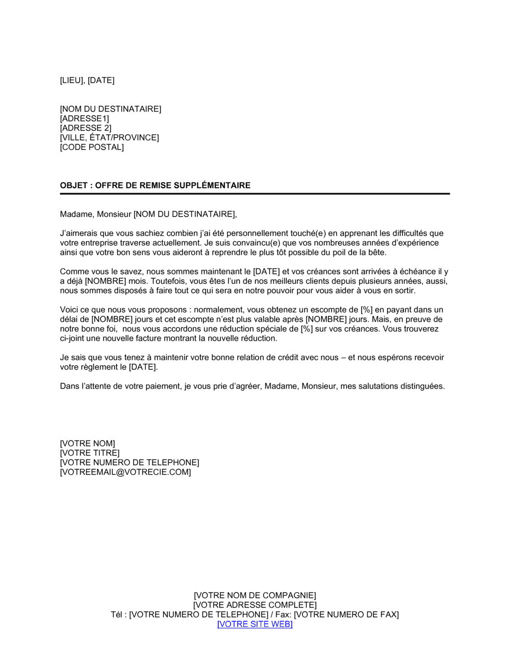 Business-in-a-Box's Lettre de recouvrement Offre de réduction supplémentaire