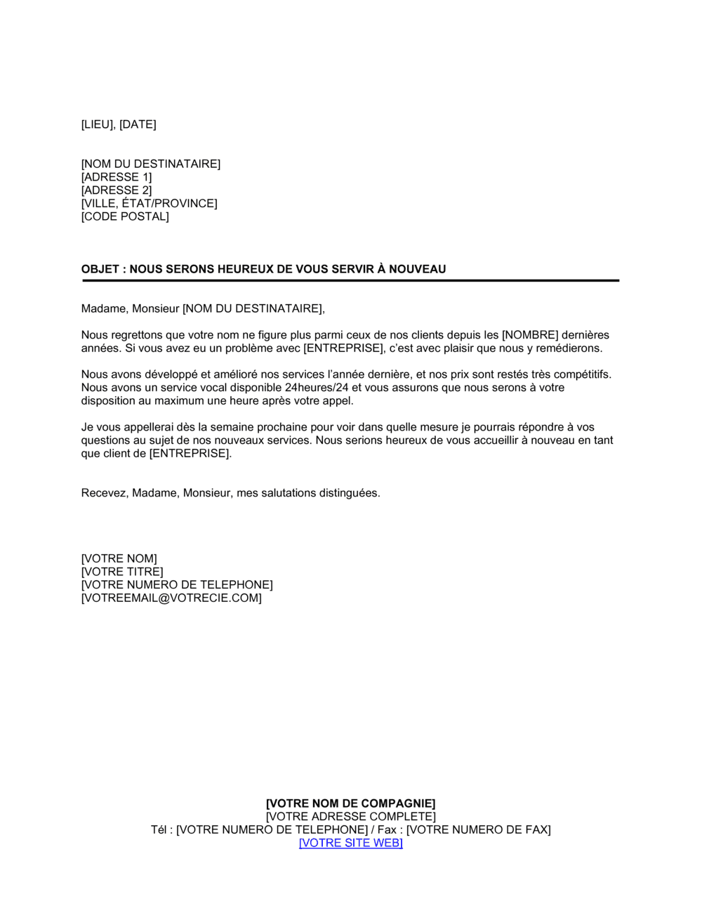 Business-in-a-Box's Lettre de relance d'un client perdu