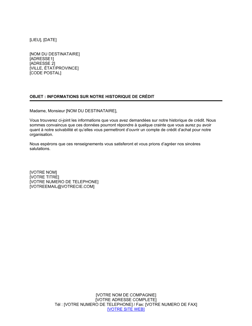 Business-in-a-Box's Lettre de transmission d'informations sur historique de crédit