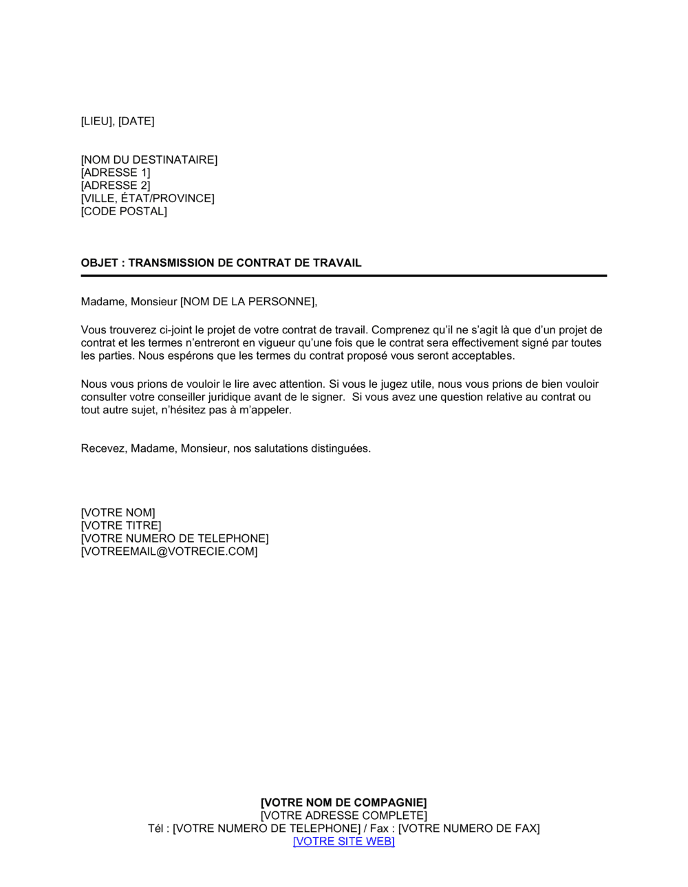 Business-in-a-Box's Lettre de transmission de contrat de travail