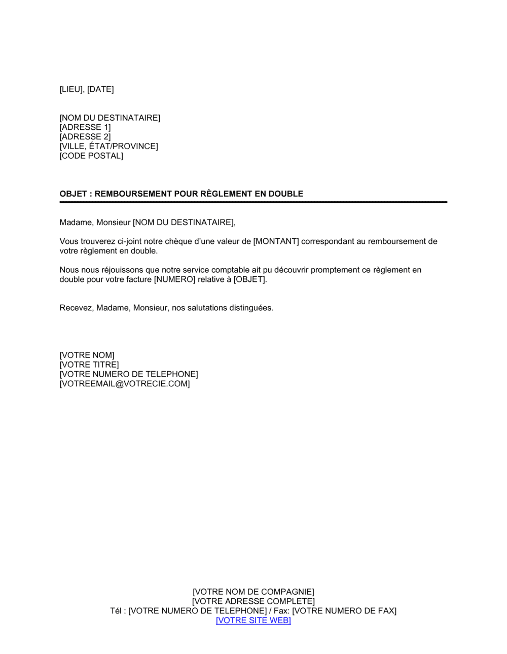 Business-in-a-Box's Lettre de transmission de remboursement pour paiement en double