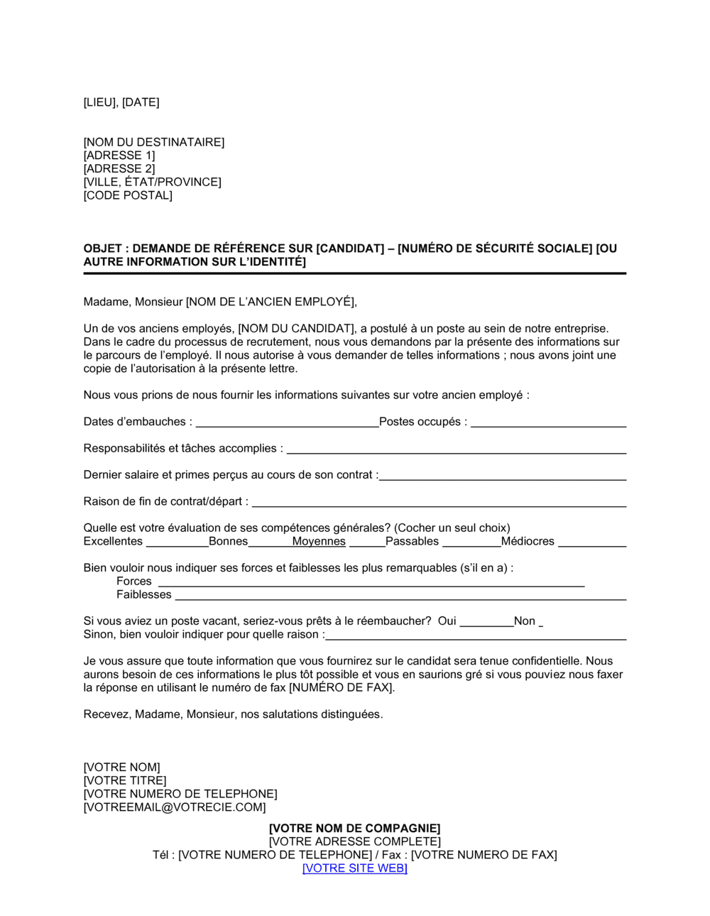 Business-in-a-Box's Lettre de vérification de références