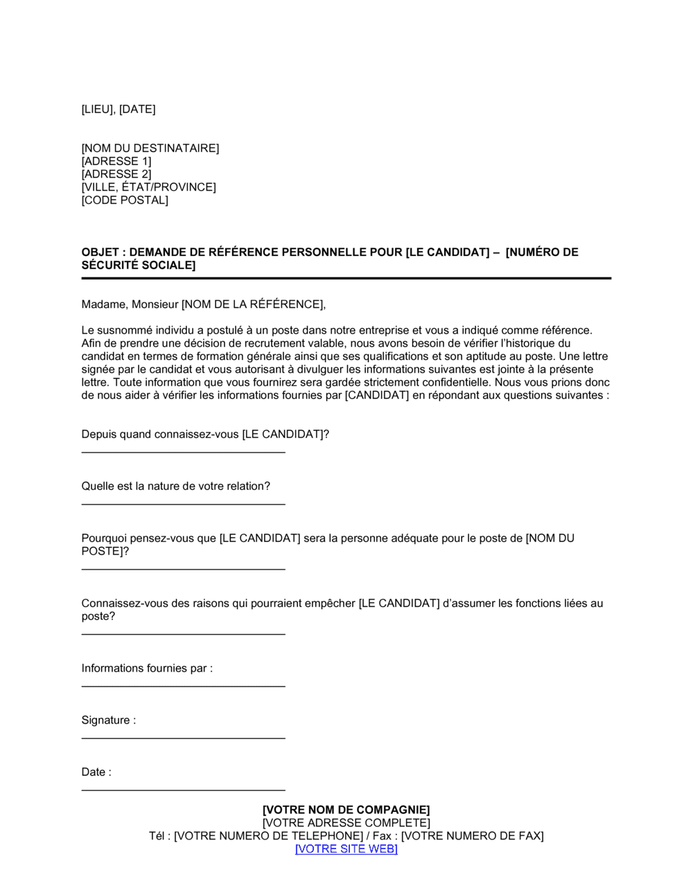 Business-in-a-Box's Lettre de vérification de références personnelles