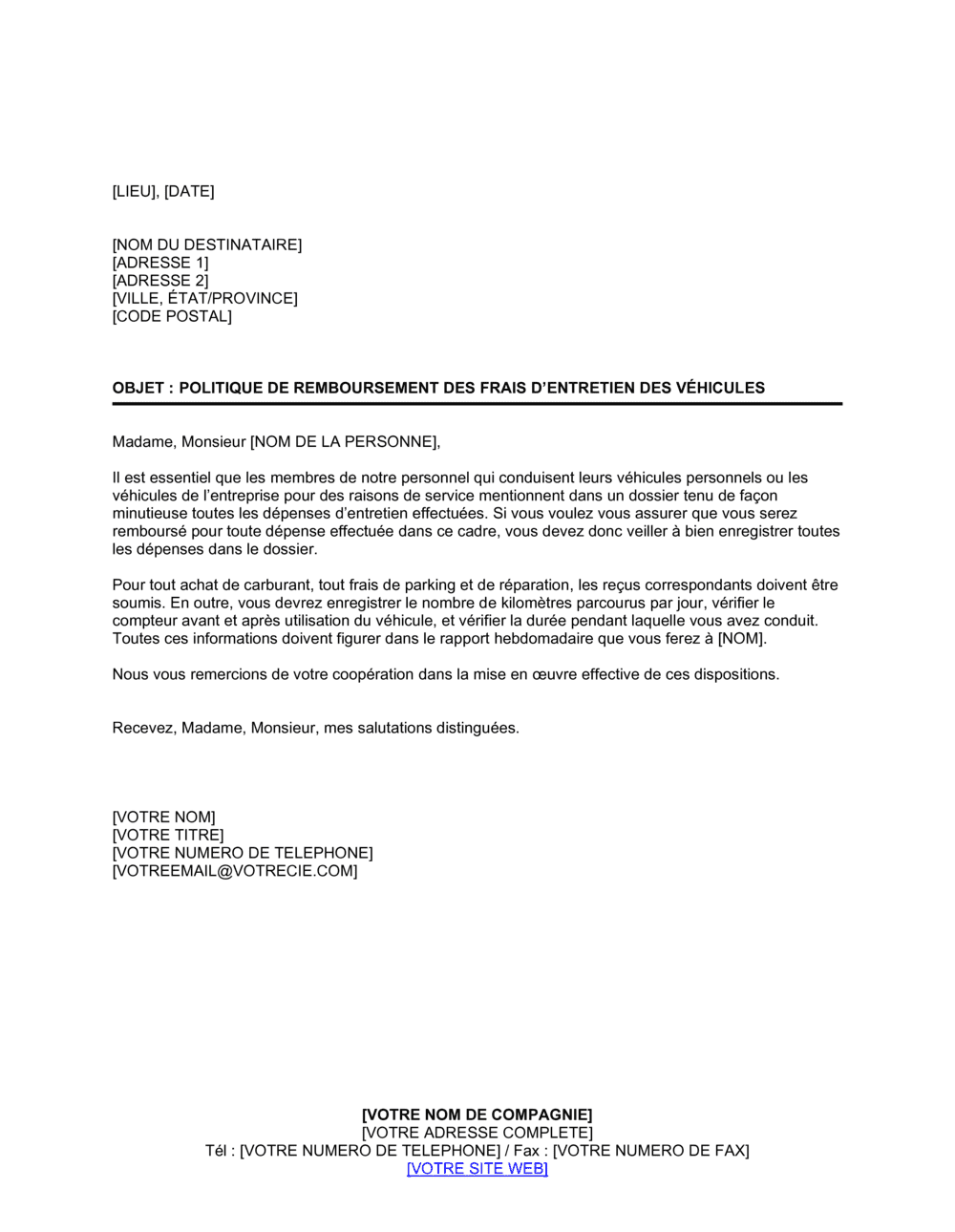 Business-in-a-Box's Lettre pour remboursement des frais d'entretien des véhicules