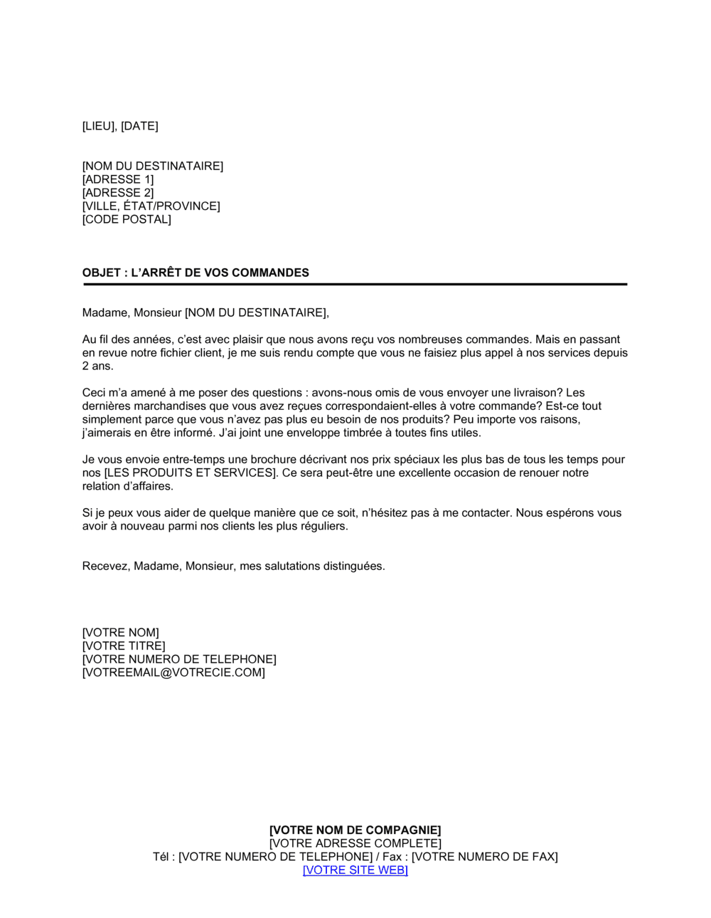 Business-in-a-Box's Lettre à un client n'achetant plus chez vous