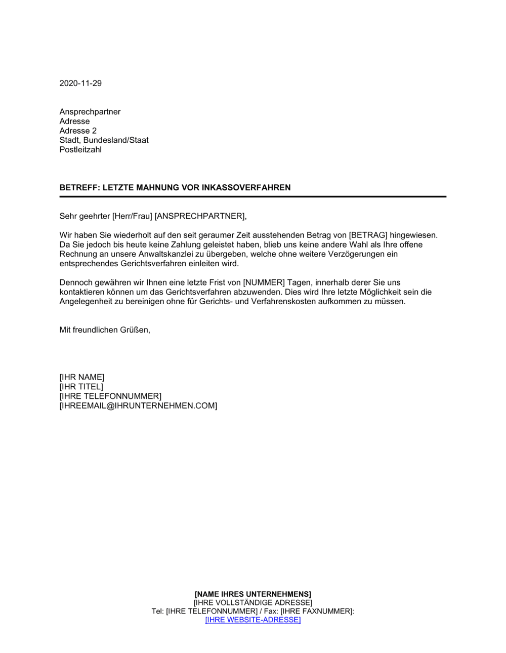 Business-in-a-Box's Letzte Mahnung vor Inkassoverfahren