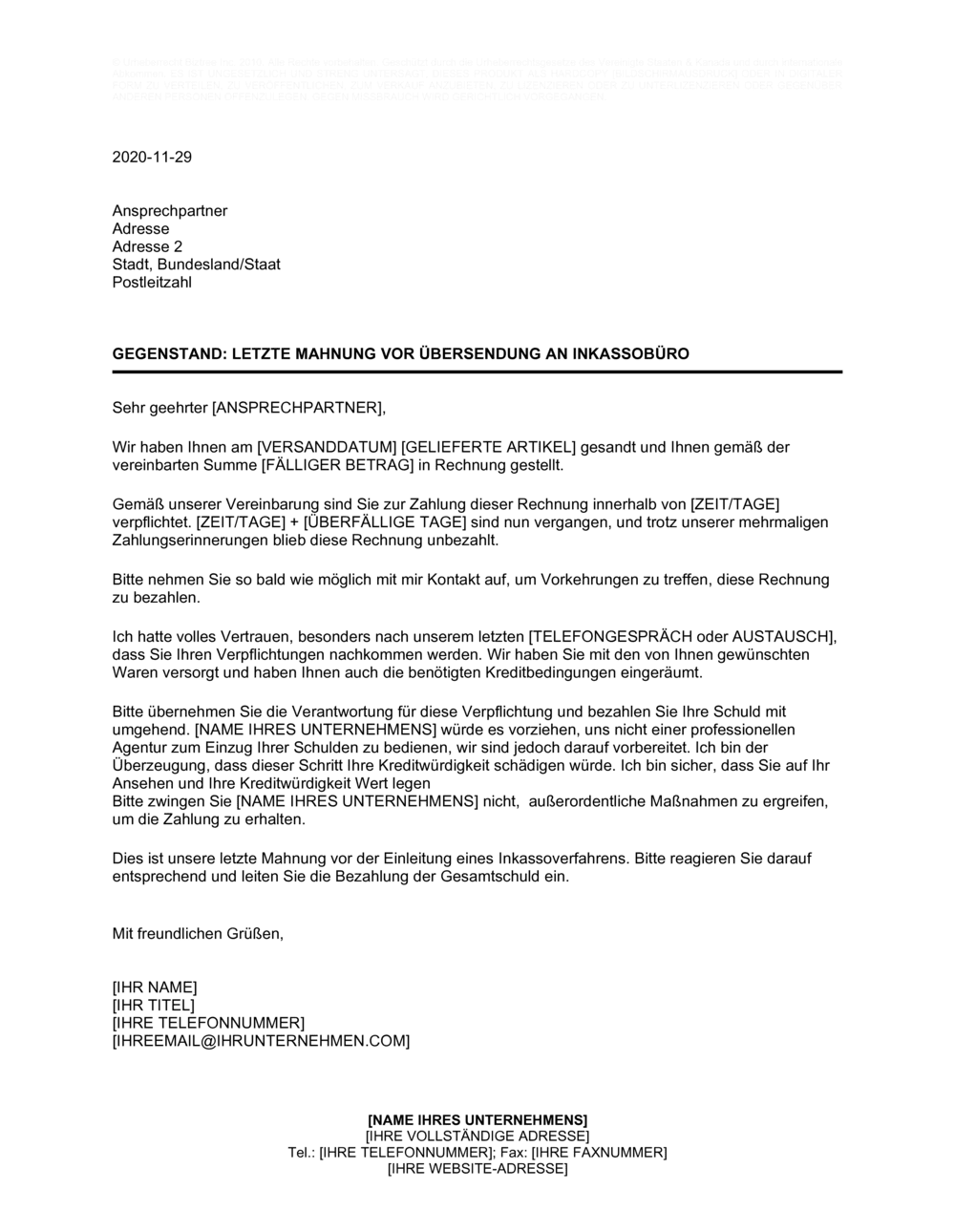 Business-in-a-Box's Letzte Mahnung vor Übersendung an Inkassobüro