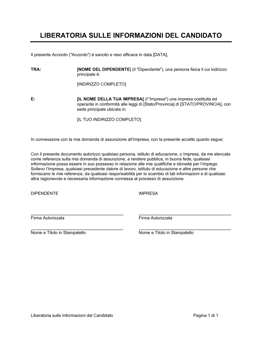 Business-in-a-Box's Liberatoria sulle informazioni del candidato