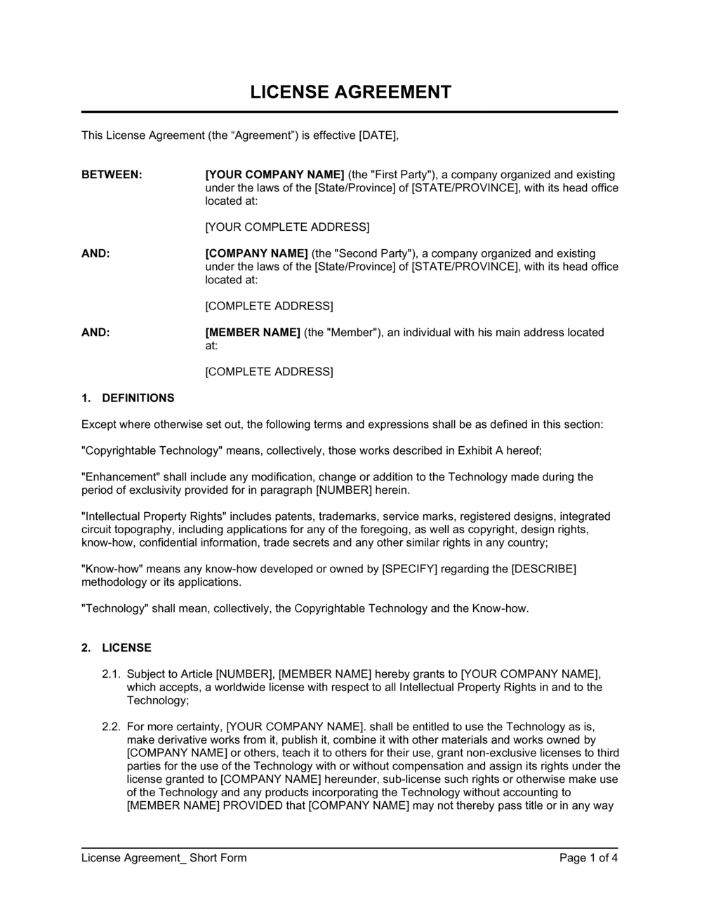 License Agreement Short Form Template  by Business-in-a-Box™ Intended For intellectual property license agreement template