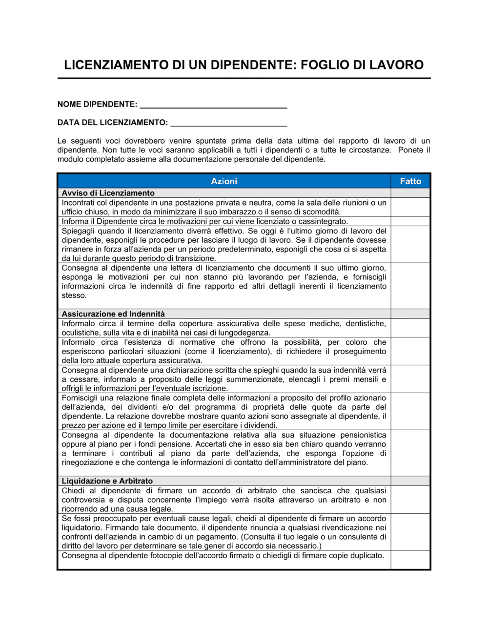 Business-in-a-Box's Licenziamento di un dipendente foglio di lavoro
