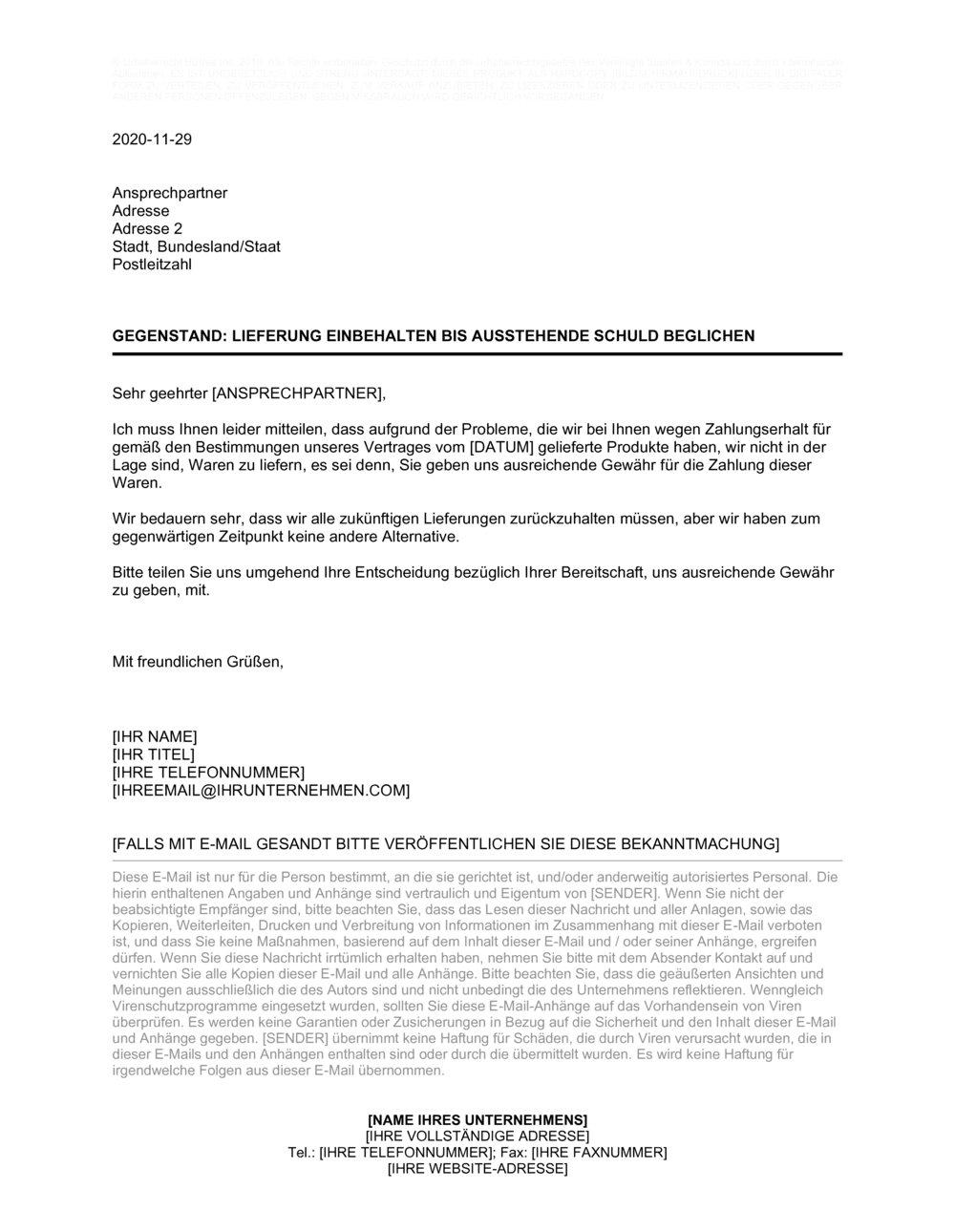 Business-in-a-Box's Lieferung einbehalten bis ausstehende Schuld beglichen