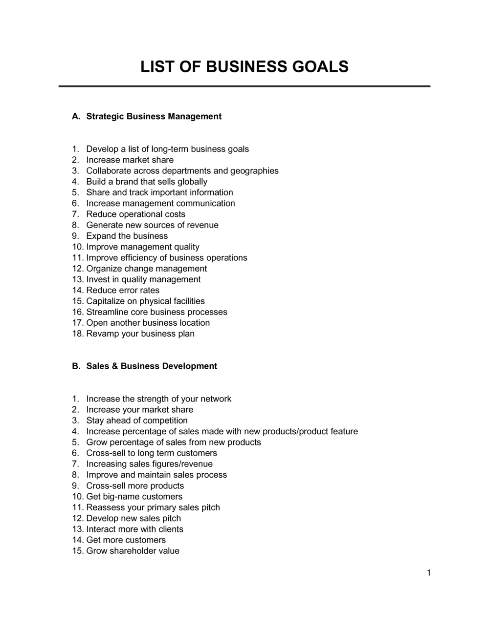 Business-in-a-Box's List Of Business Goals Template