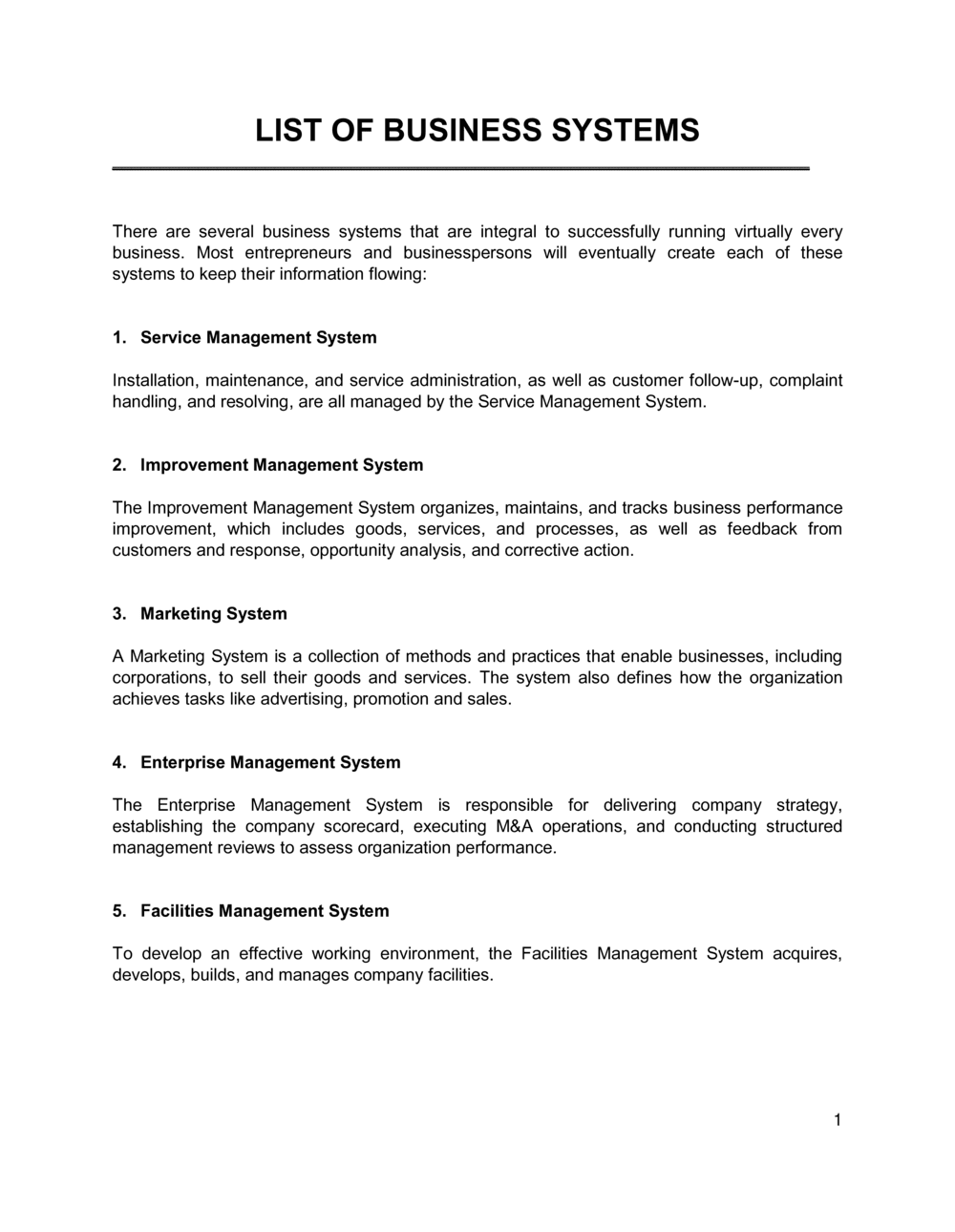 Business-in-a-Box's List Of Business Systems Template