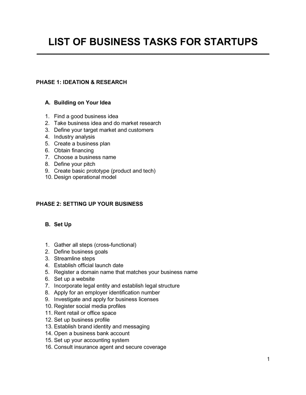 Business-in-a-Box's List Of Business Tasks For Startups Template