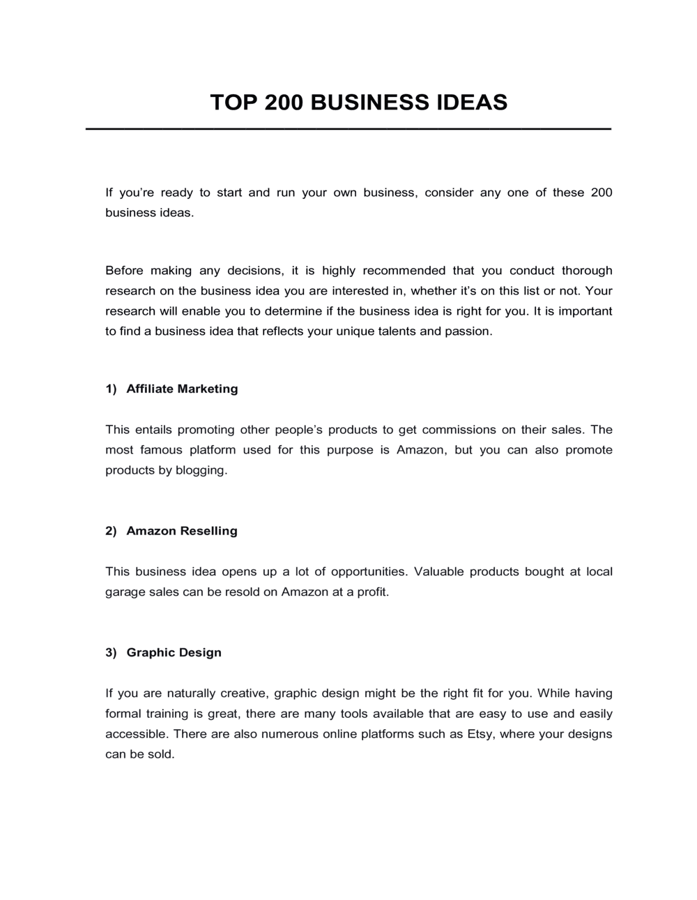 Business-in-a-Box's List Of The Top 200 Business Ideas Template