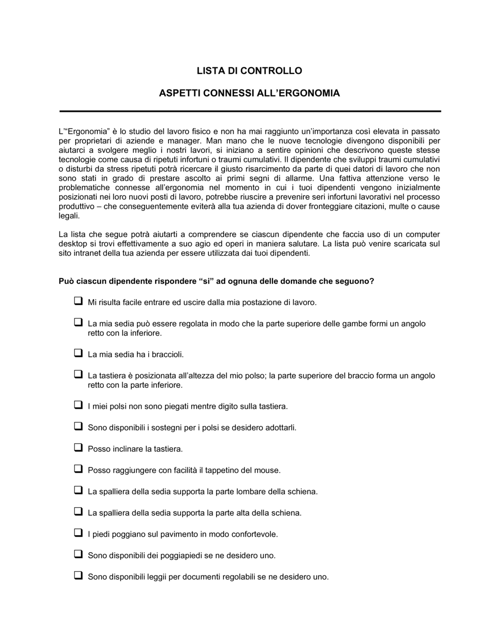 Business-in-a-Box's Lista aspetti ergonomici