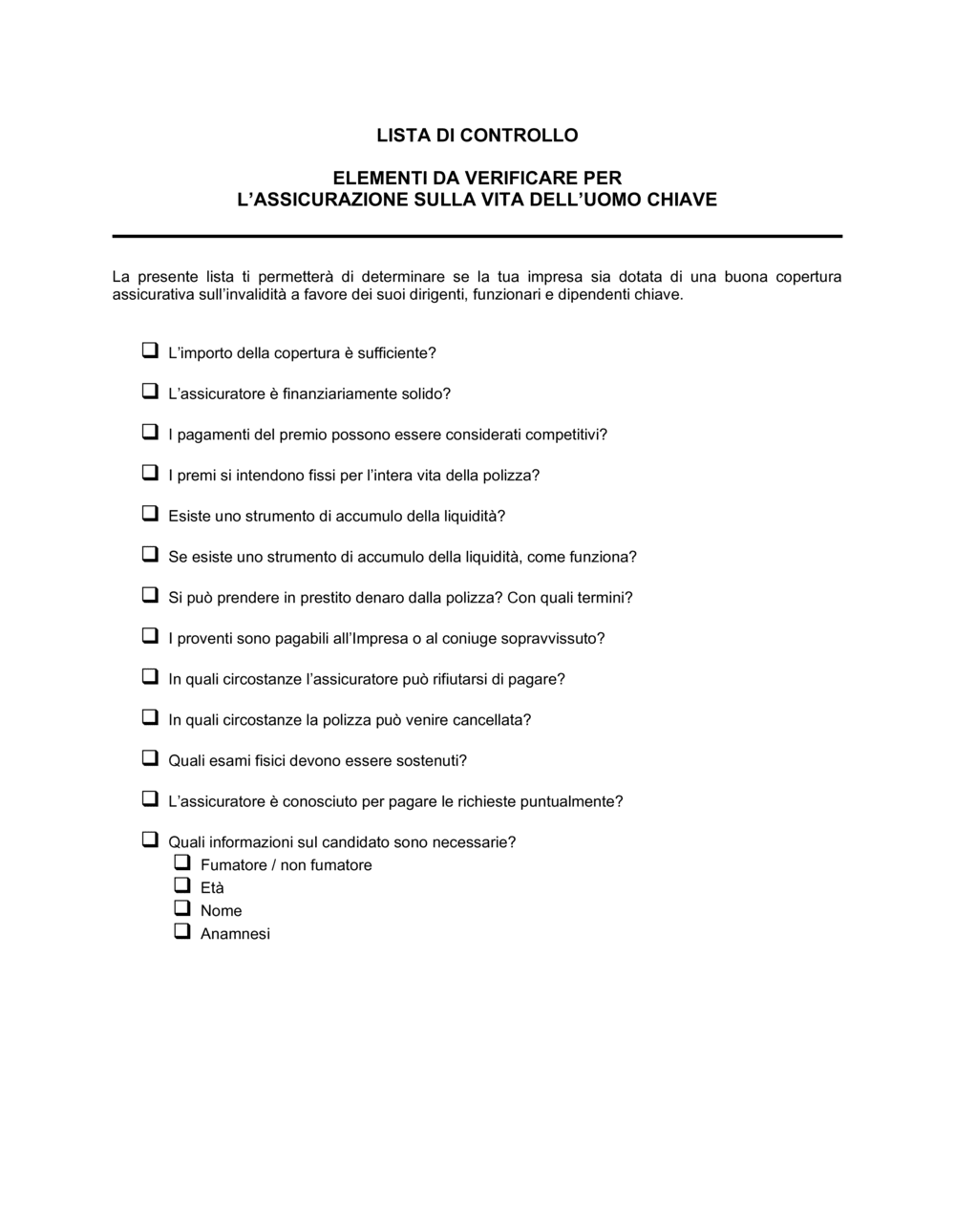 Business-in-a-Box's Lista assicurazione uomo chiave