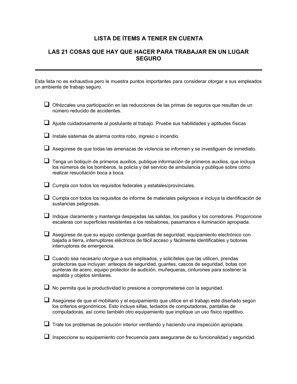 Business-in-a-Box's Lista de 21 elementos a tener en cuenta para desarrollar un lugar de trabajo seguro