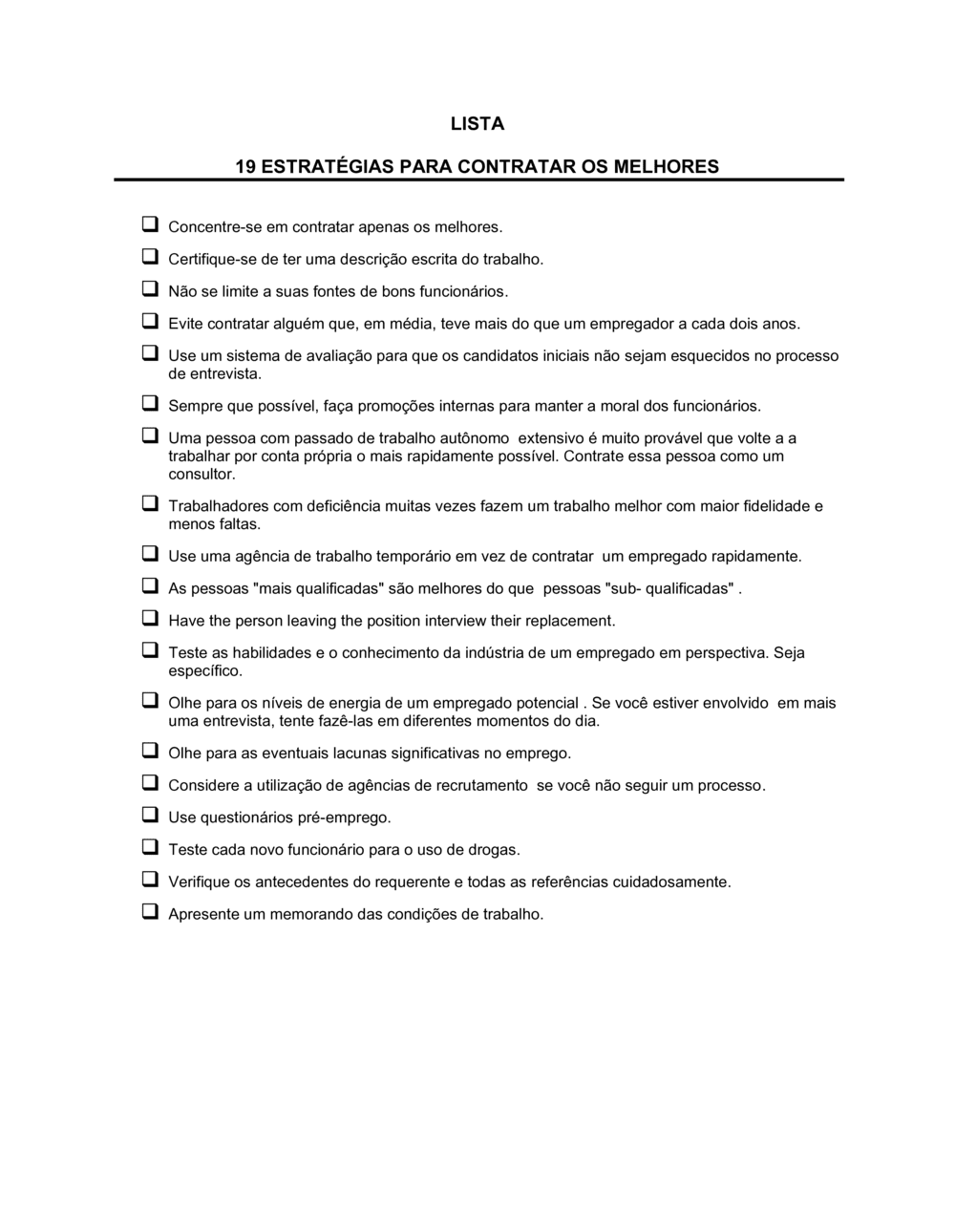 Business-in-a-Box's Lista de Conferência 19 Estratégias Para Contratar o Melhor